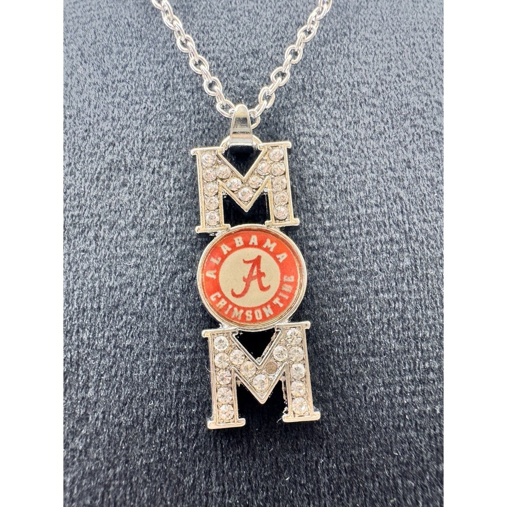 Alabama Crimson Tide Mom Necklace Rhinestone Pendant Silver Tone‎ College